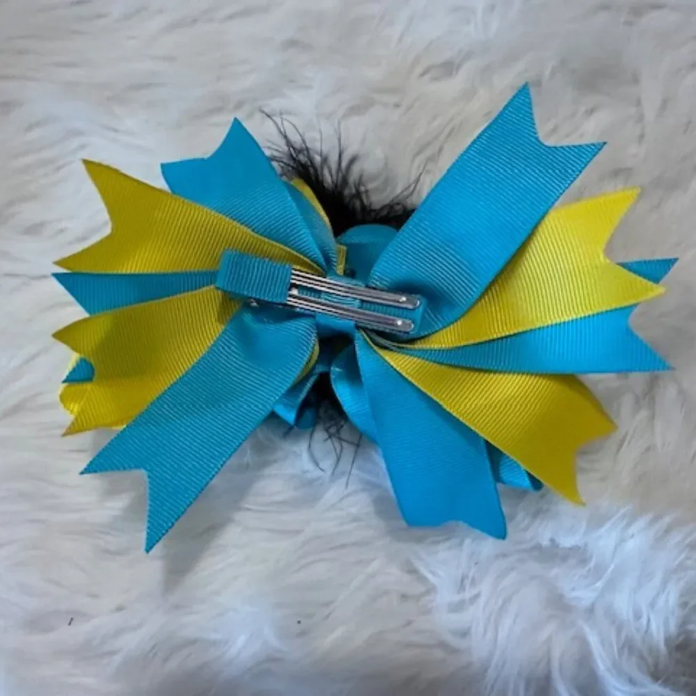 Aqua & Yellow Super Deluxe Bows w/ Feather Accents 5B4542  Handmade NWT Boutique